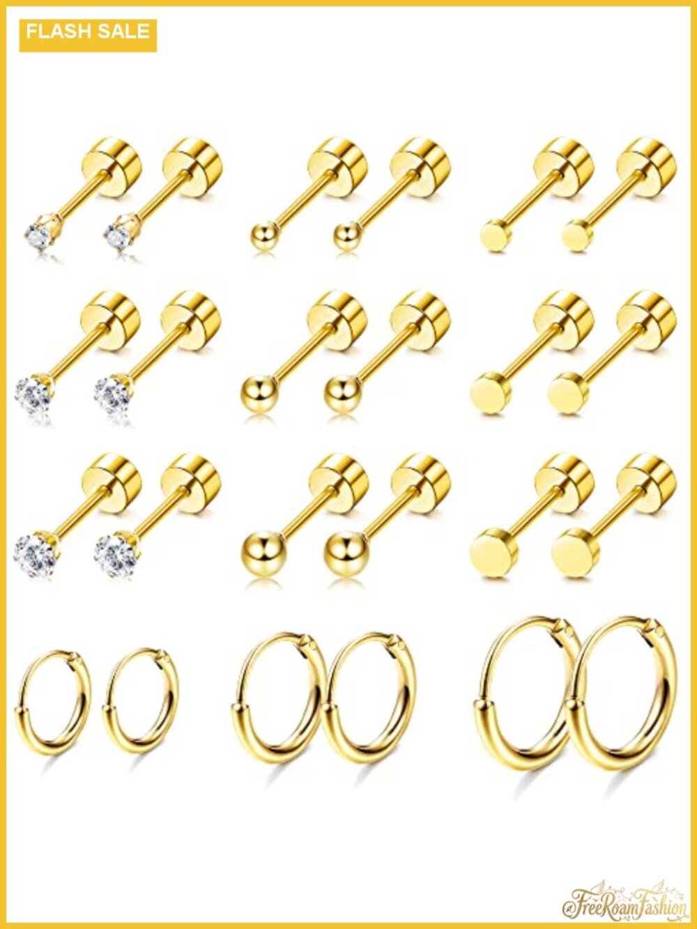 9 Pairs Surgical Steel Gold Stud Earrings Set Hypoallergenic Cartilage Hoops